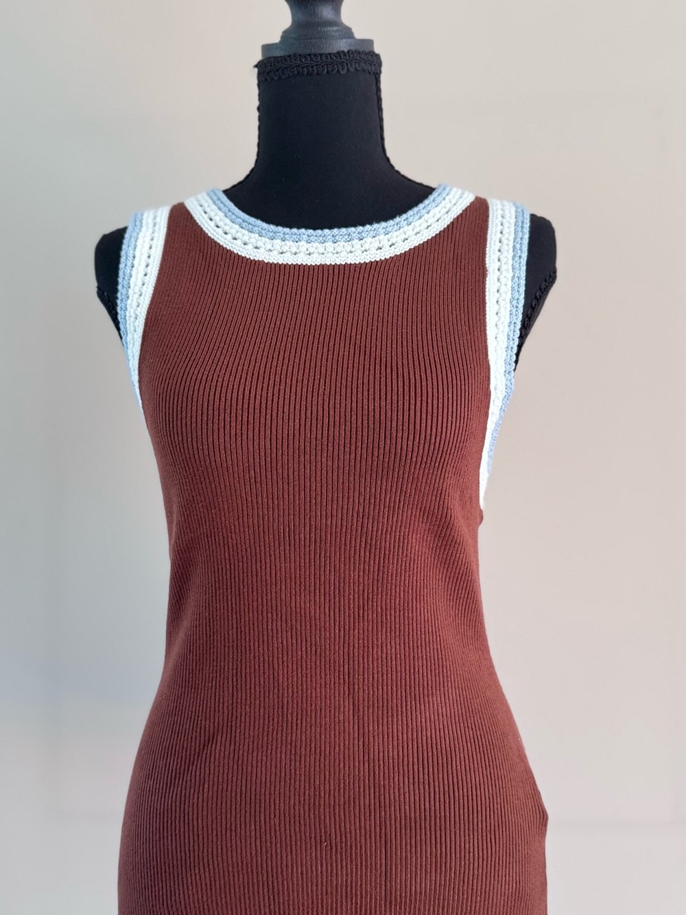 Rachel Zoe Brown Ribbed Tank with Cream And Blue Trim